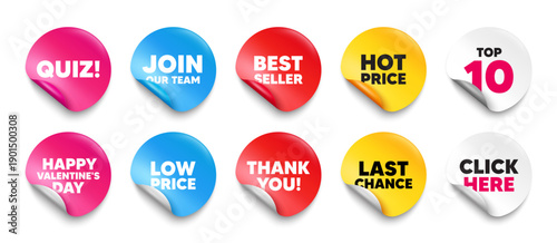 Quiz sticker tag. Top 10, Best seller, Hot price banners. Quiz tag. Answer question sign. Examination test symbol. Join our team sticker. Vector