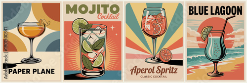 Vintage-style poster set of Mojito, Paper Plane, Aperol Spritz, and Blue Lagoon cocktails with bold retro colors and 1950s-60s typography