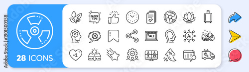 Sale, Handout and Cogwheel line icons. Interest rate, AI generate, Inflation icons. Pack of Baggage reclaim, Video conference, Air fan icon. Share, Psychology, Quick tips pictogram. Vector