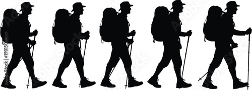 Silhouette of a hiker walking in different positions with backpack and trekking poles