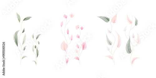 A collection of delicate watercolor botanical elements features soft green and blush pink leaves on slender branches.