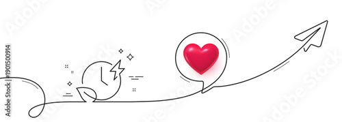 Charging time line icon. Continuous line with share plane. Charge accumulator sign. Eco electric power symbol. 3d heart in speech bubble. Charging time single line ribbon. Loop curve pattern. Vector