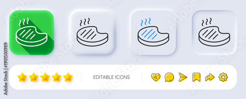 Grilled steak line icon. Neumorphic, Flat shadow, 3d buttons. Barbecue meat food sign. Hot grill salmon symbol. Line grilled steak icon. Social media icons. Vector