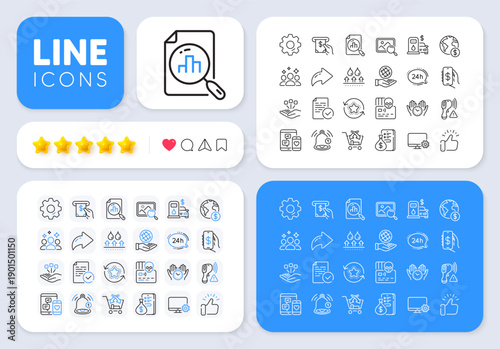 Social media, 24h service and Electronic thermometer line icons for web app. Message, Share, Like social media icons. Pack of Atm service, Safe planet, Squad pictogram icons. Vector