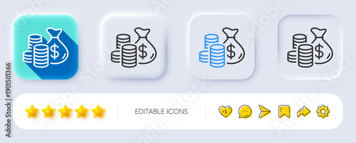 Coins bag line icon. Neumorphic, Flat shadow, 3d buttons. Cash money sign. Income savings symbol. Line coins bag icon. Social media icons. Vector