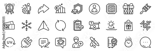 Coffee, Cpu processor and Brush line icons pack. Share, Message, Paper plane icons. Online question, Chemistry dna, Sun protection web icon. Vector