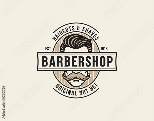 Vintage Barbershop Logo Emblem Featuring Mustache and Haircut Elements in a Classic Circular Design