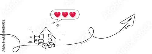 Inflation line icon. Continuous line with share plane. Growth or Increase price sign. Change money symbol. Hearts rate review in speech bubble. Inflation single line ribbon. Loop curve pattern. Vector