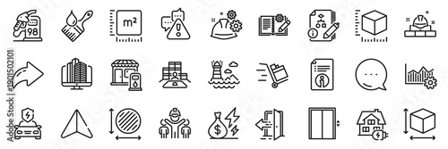 Algorithm, Entrance and Engineering team line icons pack. Share, Message, Paper plane icons. Box size, Push cart, Package size web icon. Square meter, Brush, Working process pictogram. Vector
