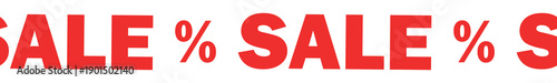 Long narrow sale tape. Bold sale text repeated horizontally in a red and white. Seamless vector pattern with percentages is for labels, store promotions during sales, cards, special offers, sales.