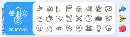 Company building, Vocabulary, Profits timeline line icons. Interest rate, AI generate, Inflation icons. Turbine, Wind, Thermostat icons. Tree, Bacteria, Healthy food. Vector