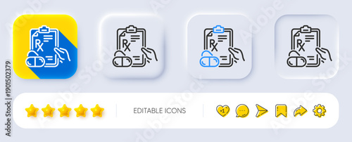 Prescription Rx recipe line icon. Neumorphic, Flat shadow, 3d buttons. Medicine drugs pills sign. Line prescription drugs icon. Social media icons. Vector