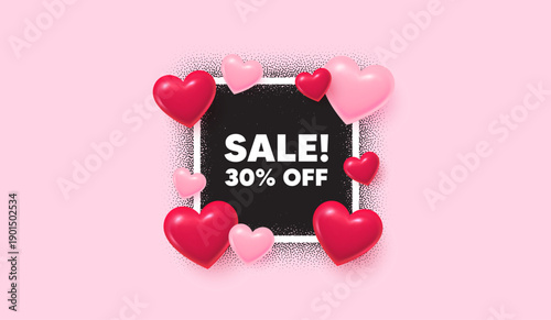 Sale photo frame banner. Square picture love frame. Sale 30 percent off discount. Promotion price offer sign. Retail badge symbol. 3d hearts balloons. Vector