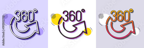 360 degrees line icon. Halftone dotted pattern. Gradient icon with grain shadow. VR simulation sign. Panoramic view symbol. Line 360 degrees icon. Various designs. Vector