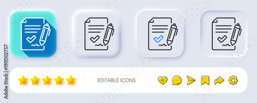 Approved agreement line icon. Neumorphic, Flat shadow, 3d buttons. Sign document. Accepted or confirmed symbol. Line approved agreement icon. Social media icons. Vector