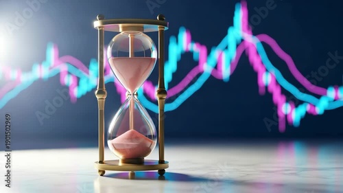 Hourglass with financial chart background symbolizing time and market trends motion animated 4k video.