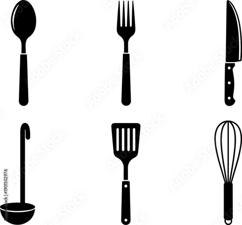 Collection of six essential kitchen utensils in a simple black silhouette design