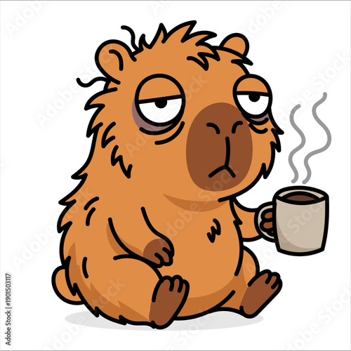 Funny sleepy capybara character holding a steaming mug of hot coffee, tired giant rodent with messy fur and dark circles under eyes, humorous morning routine vector cartoon illustration.