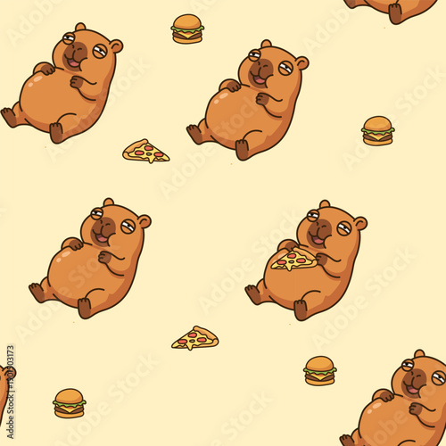 Funny seamless pattern with fat capybaras eating pizza and burgers, cute cartoon rodent character in kawaii style on yellow background for fast food packaging and textile print.