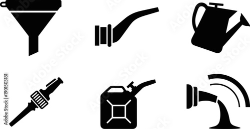Collection of black icons representing pouring and transfer tools for liquids