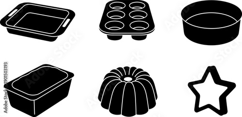 Collection of baking molds and cookie cutters in black silhouette on white background