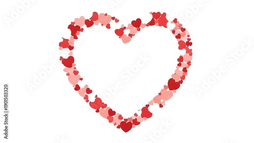 Heart shape made of red and pink hearts on a white background  