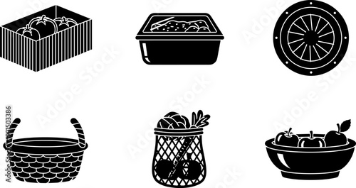 Collection of grocery and produce containers, including baskets, bowls, and crates