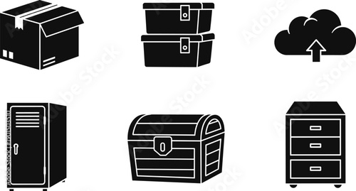 Collection of six storage and data icons in black silhouette on white background
