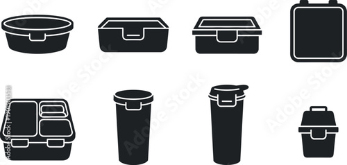 Collection of various black food containers and drink bottles in a simple icon style