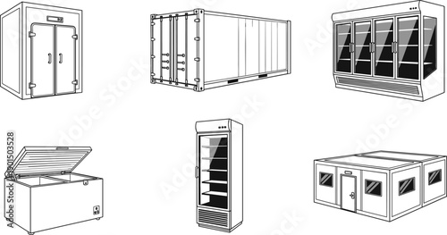 Collection of commercial refrigeration and storage units in a clean line art style