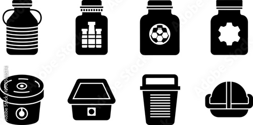Collection of diverse black icons representing containers and safety gear