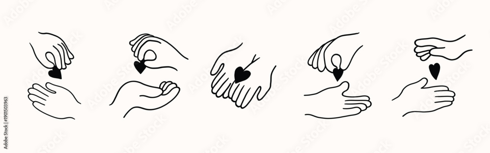 Obraz premium Contour line doodle drawing of hands holding heart, line art drawing. Hand giving heart to another hand set, collection. Support, care, charity concept. Doodle simple playful style, black and white.