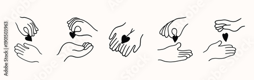 Contour line doodle drawing of hands holding heart, line art drawing. Hand giving heart to another hand set, collection. Support, care, charity concept. Doodle simple playful style, black and white.