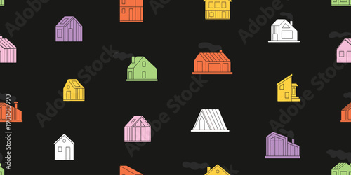 Tiny houses seamless pattern. Small cute house pattern. Cute cartoon village town repeated texture. Doodle cozy tiny cottages background, glamping, forest cabin. Repeating little suburban town houses.
