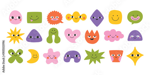 Geometric abstract comic faces, different emotions. Cute doodle faces, head, abstract smiling emoji, user pic. Funny faces for business team avatar. Modern contemporary art style. Circle, flower.