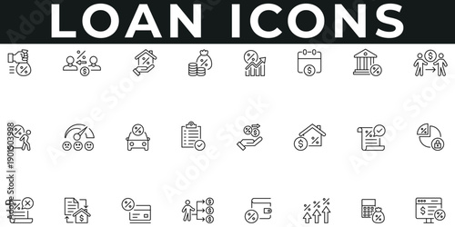 Loan Icons vector illustration with thin line editable stroke containing borrow, rate, wallet, installment, mortgage, money, interest, lending, debtor, loan application, credit card, approval.