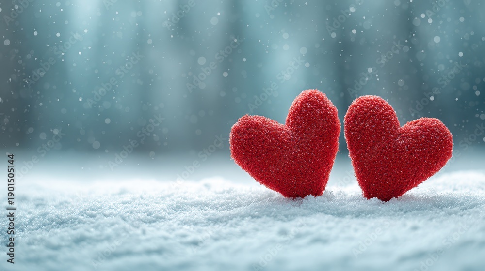 Fototapeta premium Two red hearts resting on pristine snow forming a simple winter love banner