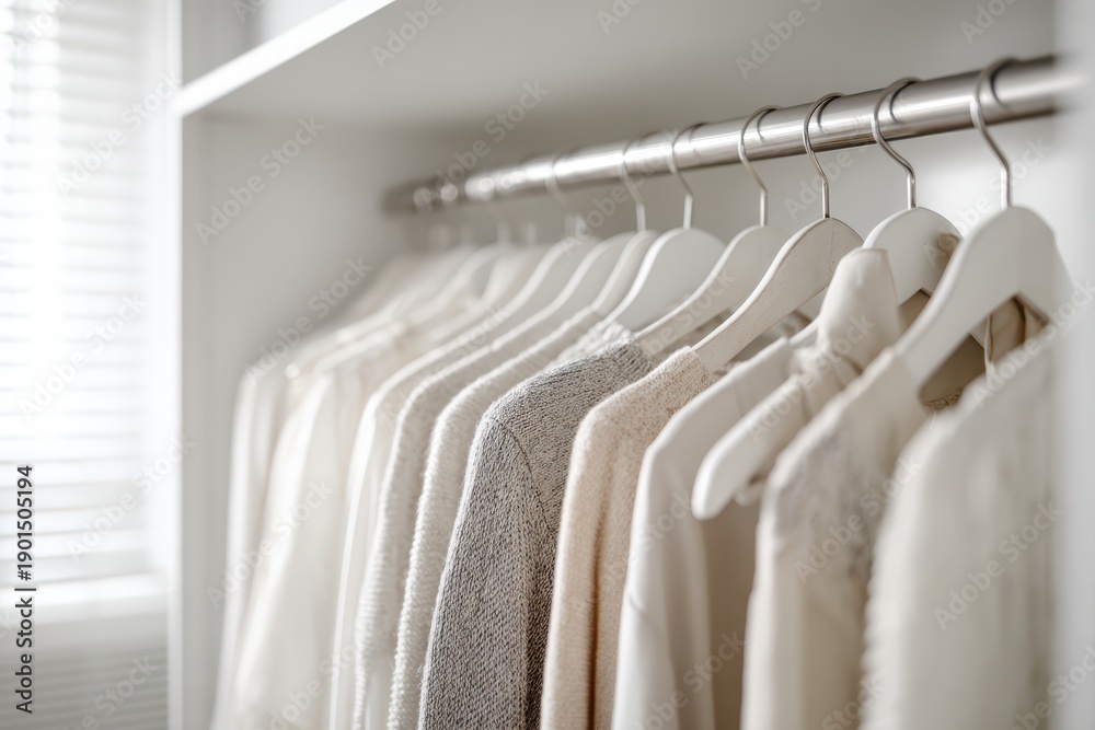 Obraz premium Minimalist white wardrobe with garments on a rail in a bright, organized closet