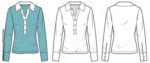 Women Long Sleeve Blouse Technical Flat Sketch. Polo Collar Shirt Fashion Flat Technical Drawing Template, button packet, front and back view, white, turquoise color, women CAD mockup.
