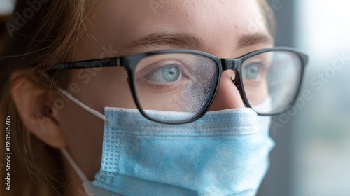Close-up portrait of a person wearing a disposable mask with foggy glasses indoors