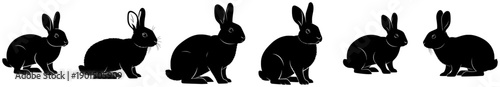 A set of six silhouettes of hares in various poses, animal, black, illustration, profile, rabbit, against transparent background