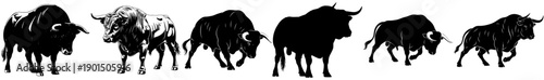 A set of six silhouettes of wildebeest in various poses, art, bat, black, cape, cloak, ghost, illustration, profile, shield, against transparent background