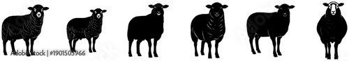 A set of six silhouettes of sheep standing in a row, animal, antler, black, deer, illustration, moose, profile, stand, against transparent background
