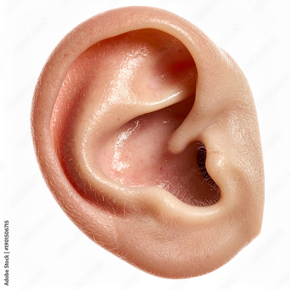 Fototapeta premium Detailed human ear, natural skin tones, anatomical contours, isolated on white background, medical