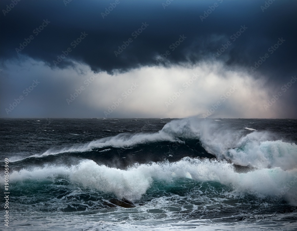 Naklejka premium epic seascape storm over the sea huge wave breaking on the shore dark clouds