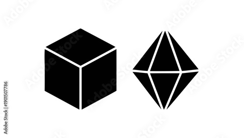 Vector illustration of simple 3D geometric shapes, cube and crystal, on transparent background