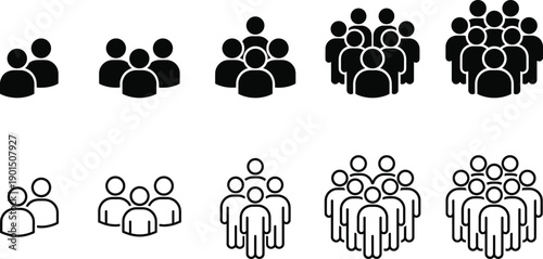 Abstract people and crowd icon sets showing group size variations, community, audience, population and social network concepts for business, data visualization and demographics design