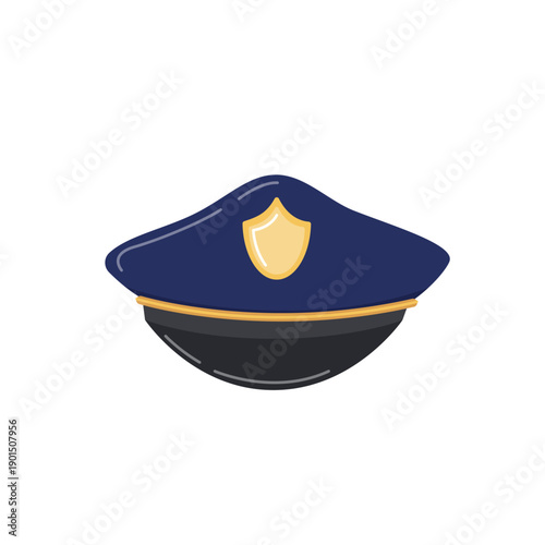 Police officer's dress cap with golden badge. Part of professional police officer uniform. Blue cap vector illustration.