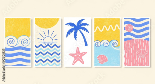 Beach Illustration Set with Sun, Ocean Waves, Palm Tree, Starfish, and Seashells, Capturing Tropical Vacation Vibe