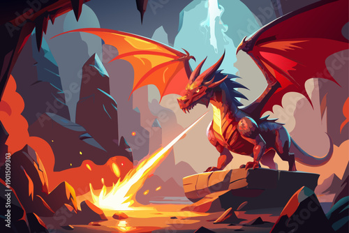 Mountain Dragon Breath of Fire digital painting with wings spread depicts a red dragon breathing fire outside a dark cave in an epic fantasy scene with dramatic lighting and mythical power.
